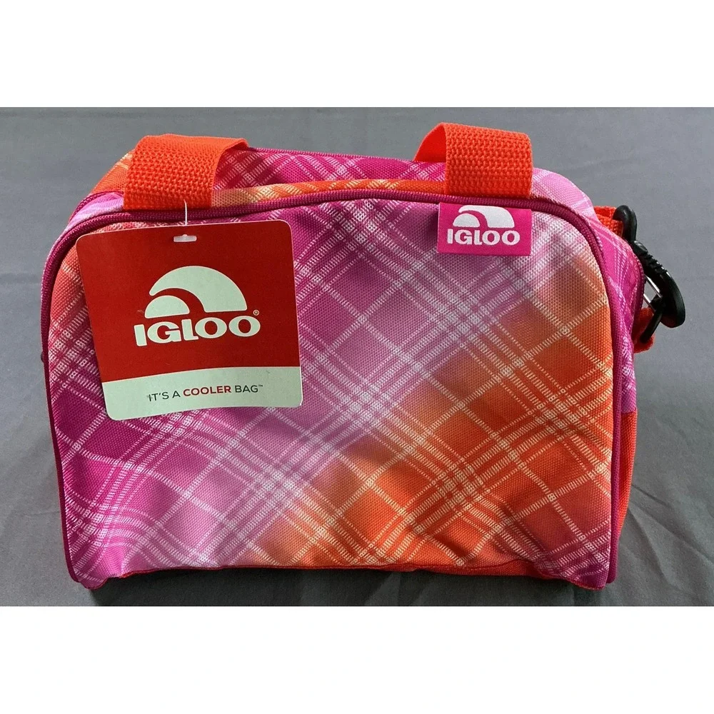 Igloo Carryall Insulated Cooler Bag Pink Coral Plaid Crossbody Lunch Tote NEW